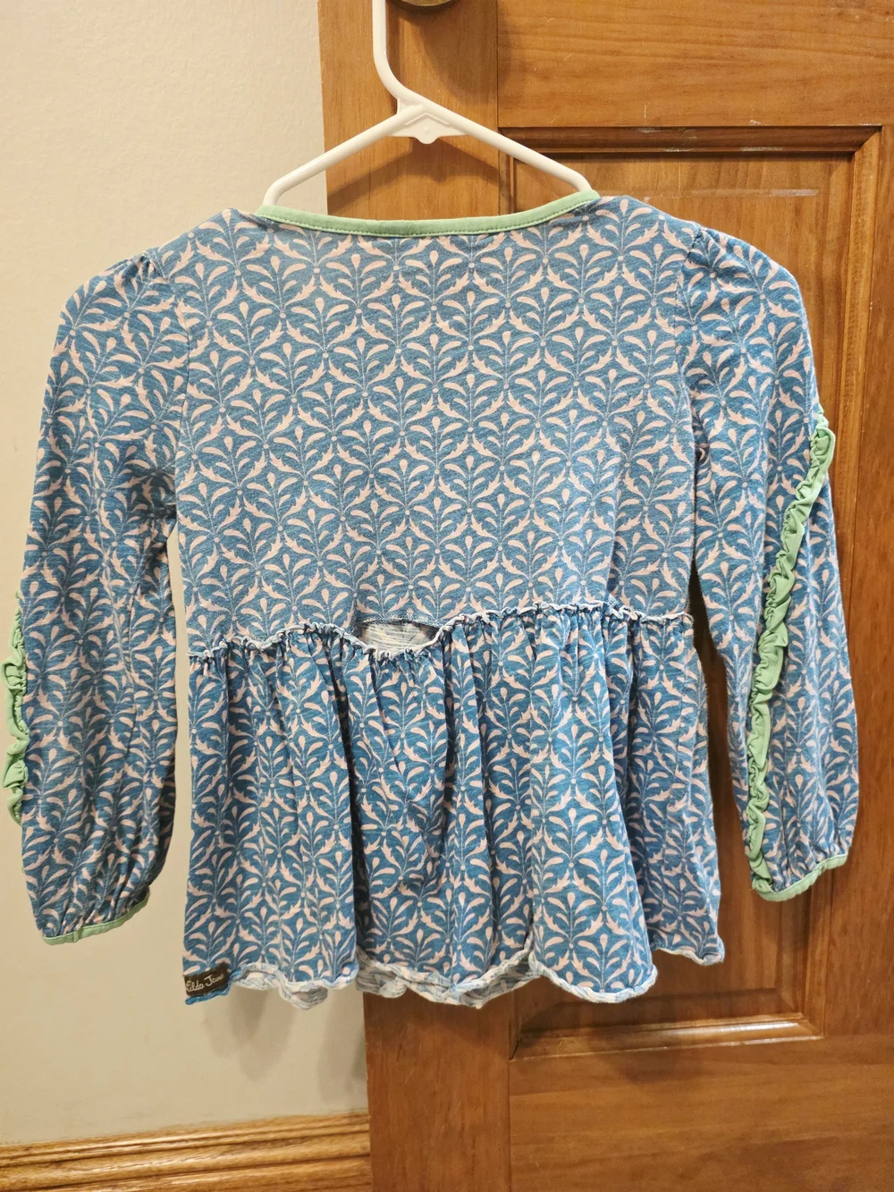 Matilda Jane Light Blue & Mint Long-Sleeve Ruffle Henley *Needs Minor Repair*